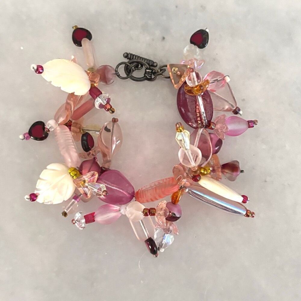 Artisan Glass Beads & Hand Carved Mother of Pearl Sterling Bracelet Multicolor 6